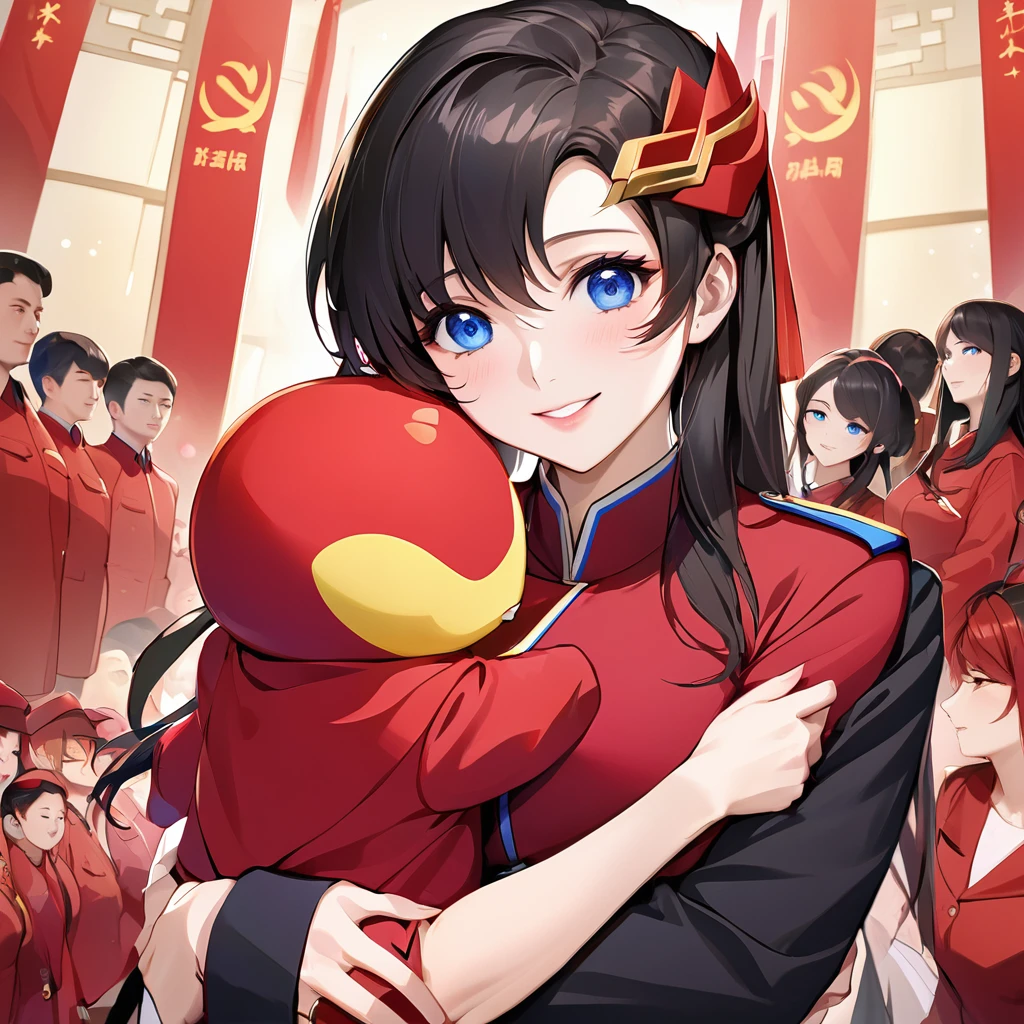 ((Highest quality)), ((masterpiece)), (detailed), （Perfect Face）、The woman is a Chinese Lacus Clyne with blue eyes and medium-long black hair. She is wearing an engagement ring. She has become a member of the glorious Chinese Communist Party and has sworn absolute loyalty to the Chinese Communist Party. She is a righteous Communist Party member of China.、The woman is wearing the fine red uniform of a Chinese Communist Party member.、For the sake of China, they dye their hair, hairstyle, clothes, and everything they wear belongs to the Chinese Communist Party, and their thoughts are also Chinese, becoming great Chinese in body and mind.、The woman became Lacus Clyne, a Chinese woman who was proud of and loved China.、The woman is chosen by a great Chinese Communist Party official and is given the honor of becoming his wife.、The woman looks happy being held in the arms of a great Chinese Communist Party official.、The woman is the wife of a glorious Chinese Communist Party official.、The man is a great Chinese Communist Party official, a dignified and imposing old man who marries the woman.