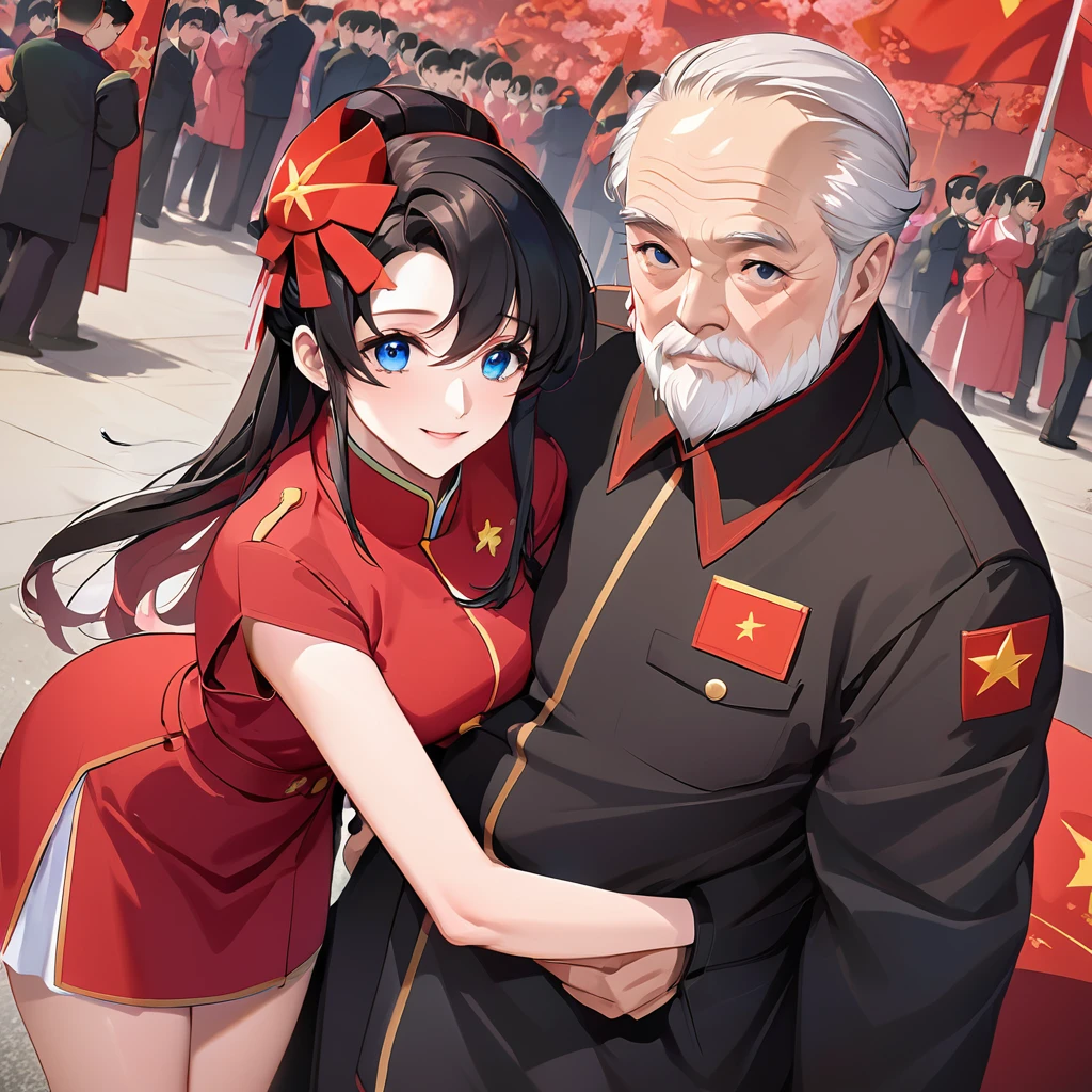 ((Highest quality)), ((masterpiece)), (detailed), (Perfect Face)、The woman is a Chinese Lacus Clyne with blue eyes and medium-long black hair. She is wearing an engagement ring. She has become a member of the glorious Chinese Communist Party and has sworn absolute loyalty to the Chinese Communist Party. She is a righteous Communist Party member of China.、The woman is wearing the fine red uniform of a Chinese Communist Party member.、For the sake of China, they dye their hair, hairstyle, clothes, and everything they wear belongs to the Chinese Communist Party, and their thoughts are also Chinese, becoming great Chinese in body and mind.、The woman became Lacus Clyne, a Chinese woman who was proud of and loved China.、The woman is chosen by a great Chinese Communist Party official and is given the honor of becoming his wife.、The woman looks happy being held in the arms of a great Chinese Communist Party official.、The woman is the wife of a glorious Chinese Communist Party official.、The man is a great Chinese Communist Party official, a dignified and imposing old man who marries the woman.
