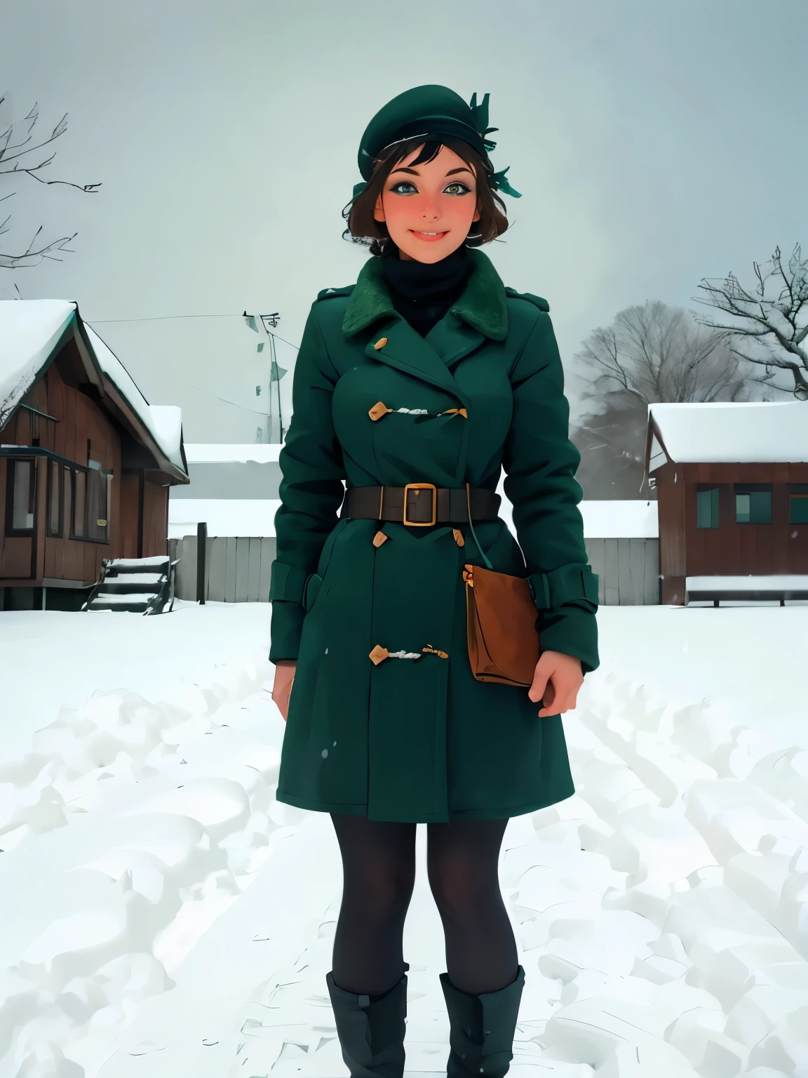 woman in green coat and hat standing in snow covered area, standing in the snow, in the snow, dressed like in the 1940s, stylish coat for a rave, victorian style costume, in snow, ww2 era, victorian inspired clothing, full body:: snow outside::, with teal clothes, copper and deep teal mood, gothic coat