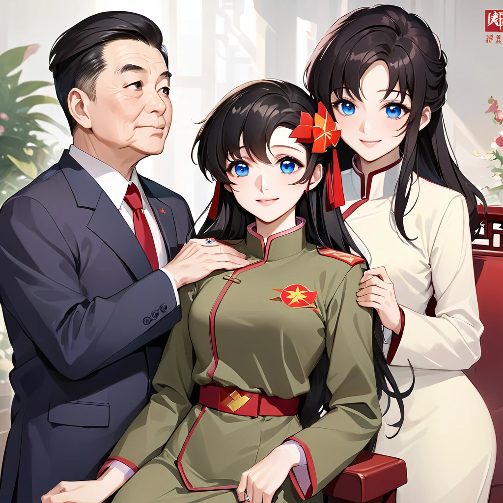 ((Highest quality)), ((masterpiece)), (detailed), (Perfect Face)、The woman is a Chinese Lacus Clyne with blue eyes and medium-long black hair. She is wearing an engagement ring. She has become a member of the glorious Chinese Communist and has sworn absolute loyalty to the Chinese Communist Party is a righteous Communist Party memb China.、The woman is a member of the Chinese Communist Party and is we a khaki Mao suit.、For the sake of China, they dye their hair, hairstyle, clothes, and everything they wear belongs to the Chinese Communist Party, and their tho are also Chinese, becoming great Chinese in body and mind.、The woman became Lacus Clyne, a Chinese woman who was proud of and loved China.、The woman is chosen by a great Chinese Communist Party official and is give honor of becoming his wife.、The woman looks happy being held in the arms of a great Chinese Communist Party official.、The woman is tfe of a glorious Chinese Communist Party official.、The man is a great se Communist Party official, a dignified and imposingman who marries the woman.