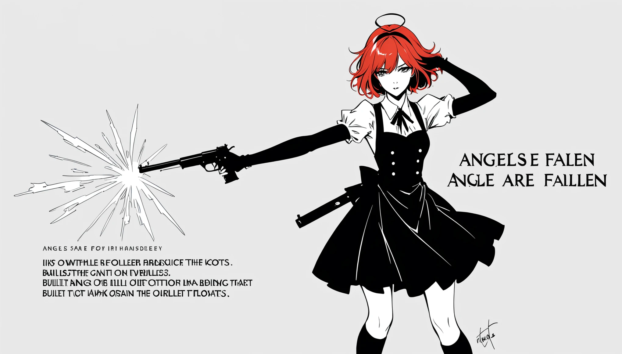 (with the text:"Angles are Fallen":1.4),{in style of Hans Hartung},in style of Aubrey Beardsley
character concept design,(1girl:1.1),gun buster pose,mid_shot,maid,monochrome red hair,(bullet floats:1.4)