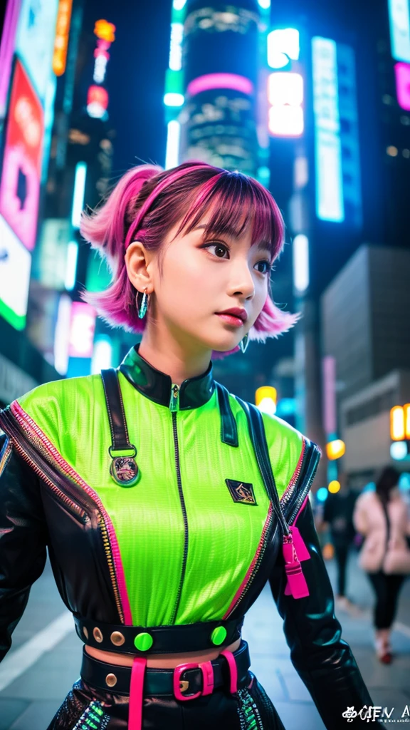 Masterpiece, Top quality, Wearing unique Harajuku style clothing, Mint green stands out, Bold colors and patterns, Eye-catching accessories, Trendy and innovative hairstyle, Bright makeup, Dazzling cyberpunk cityscape, Skyscrapers, Neon signs, LED lights, Bright and vibrant color scheme, Anime, Shape, Finely textured skin, High quality fabrics, Intricate details, Highly detailed, Low angle, Full body, Vision (Look away: 1.4), Dynamic pose, Short hair, Wind blowing,