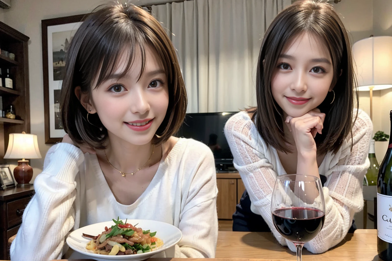 （Realistic:1.1）,(masterpiece,Highest quality)，8k,(49 years old), 53 years old, ベリーslimボディ、slimカップル、Tight waist,Upper Body,full-course dinner、wine 、Amazing view of the sunset sky and clouds、Perfect Anatomy, Brown Hair, short hair,Random Hairstyles,((Highly detailed face and eyes:1.2))，Perfect golden ratio face，Long sleeve shirt、dress,(smile:1.2)、Shortcuts、cute、(Realistic, Intricate details:1.2), A bright smile、short hair,Bright Face、赤wine 、Appetizers、Italian food、wine bottle、Champagne、スパークリングwine、(slimな顔), (The body is slim), (Brown Hair), (Shortcuts),  Upper Body, 白wine, slim, wineグラス, 