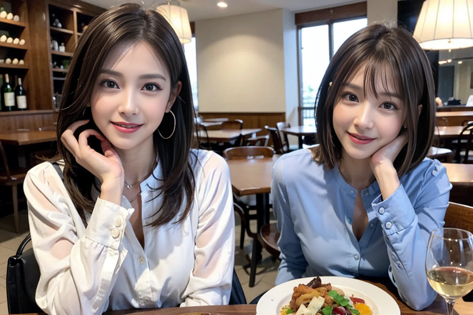 （Realistic:1.1）,(masterpiece,Highest quality)，8k,(49 years old), 53 years old, ベリーslimボディ、slimカップル、Tight waist,Upper Body,full-course dinner、wine 、Amazing view of the sunset sky and clouds、Perfect Anatomy, Brown Hair, short hair,Random Hairstyles,((Highly detailed face and eyes:1.2))，Perfect golden ratio face，Long sleeve shirt、dress,(smile:1.2)、Shortcuts、cute、(Realistic, Intricate details:1.2), A bright smile、short hair,Bright Face、赤wine 、Appetizers、Italian food、wine bottle、Champagne、スパークリングwine、(slimな顔), (The body is slim), (Brown Hair), (Shortcuts),  Upper Body, 白wine, slim, wineグラス, 