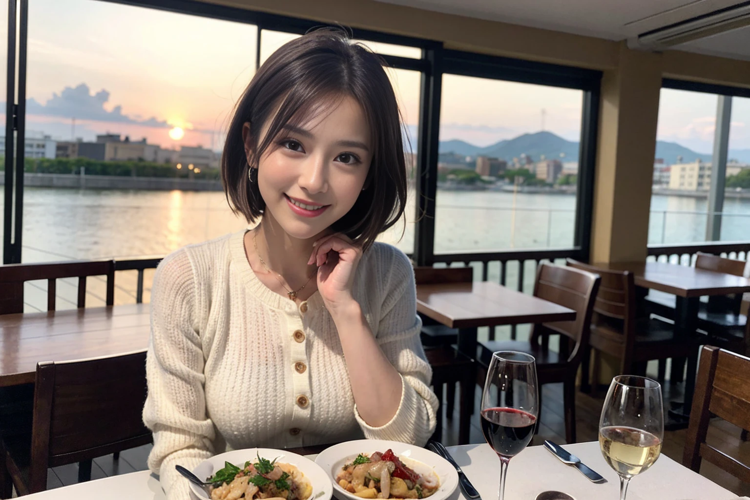 （Realistic:1.1）,(masterpiece,Highest quality)，8k,(49 years old), 53 years old, ベリーslimボディ、slimカップル、Tight waist,Upper Body,full-course dinner、wine 、Amazing view of the sunset sky and clouds、Perfect Anatomy, Brown Hair, short hair,Random Hairstyles,((Highly detailed face and eyes:1.2))，Perfect golden ratio face，Long sleeve shirt、dress,(smile:1.2)、Shortcuts、cute、(Realistic, Intricate details:1.2), A bright smile、short hair,Bright Face、赤wine 、Appetizers、Italian food、wine bottle、Champagne、スパークリングwine、(slimな顔), (The body is slim), (Brown Hair), (Shortcuts),  Upper Body, 白wine, slim, wineグラス, 