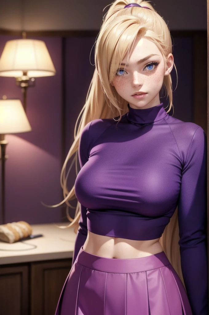 (masterpiece, best quality, hires, high resolution:1.2, 4k, 8k , high quality), extremely detailed, realistic, intricate details, highres, 1girl age 6, solo, red long hair, blue eyes, blush, freckles, (tiny breasts, wide hips), arched back,(cinematic lighting, sunlight, perfect lighting, backlighting), eye-level shot, extreme close-up-shot, naughty look, looking at viewer, ino_yamanaka_ecsta, blonde hair, blue eyes, ponytail, hair over one eye, , purple clothes, crop top, skirt, age 6