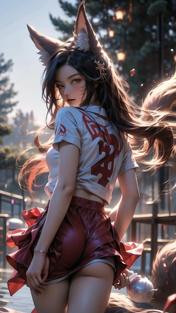 best quality,masterpiece,Ultra-high resolution,(photoactual:1.4),School,A 14-year-old Japanese nine-tailed fox demon girl,long flowing hair,Wearing school sportswear,Running at full speed on the playground,Sweat profusely