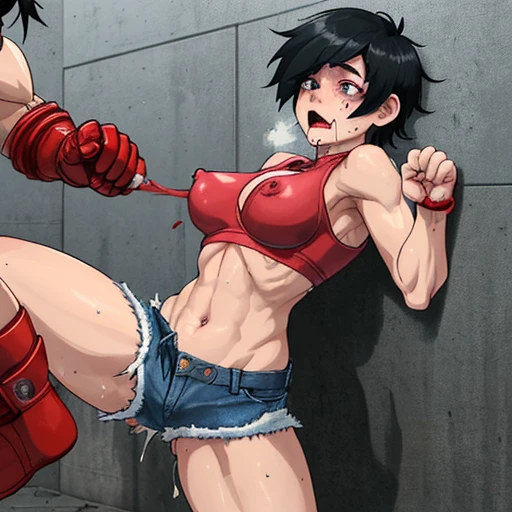 a male streetfighter is beating a female streetfighter's body so hard by kick in the backstreet. a bloody beautiful Japanese female fighter is being beating terribly by a male fighter. her body is slammed on the wall by the male. Blood is dripping from her nose. She is covered in scars and bruises. she is damaged terribry. Short-cut black hair, out of breath, drooling from mouth, one eye closd, crying, exhausted, drenched in sweat. Erect nipples. open finger glove. bra-top, denim shorts
