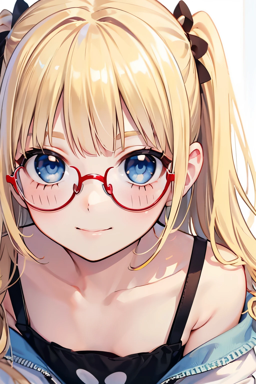 LightBlue Eyes, Very short stature, Very thin thighs,Summer clothes, highest quality,(((Blonde girl))),(red cheek),((Cute voice)),Glasses,(Close-up of face:1.1),(Nihilistic smile:1.2),(💌:1.2),(Confession:1.2).