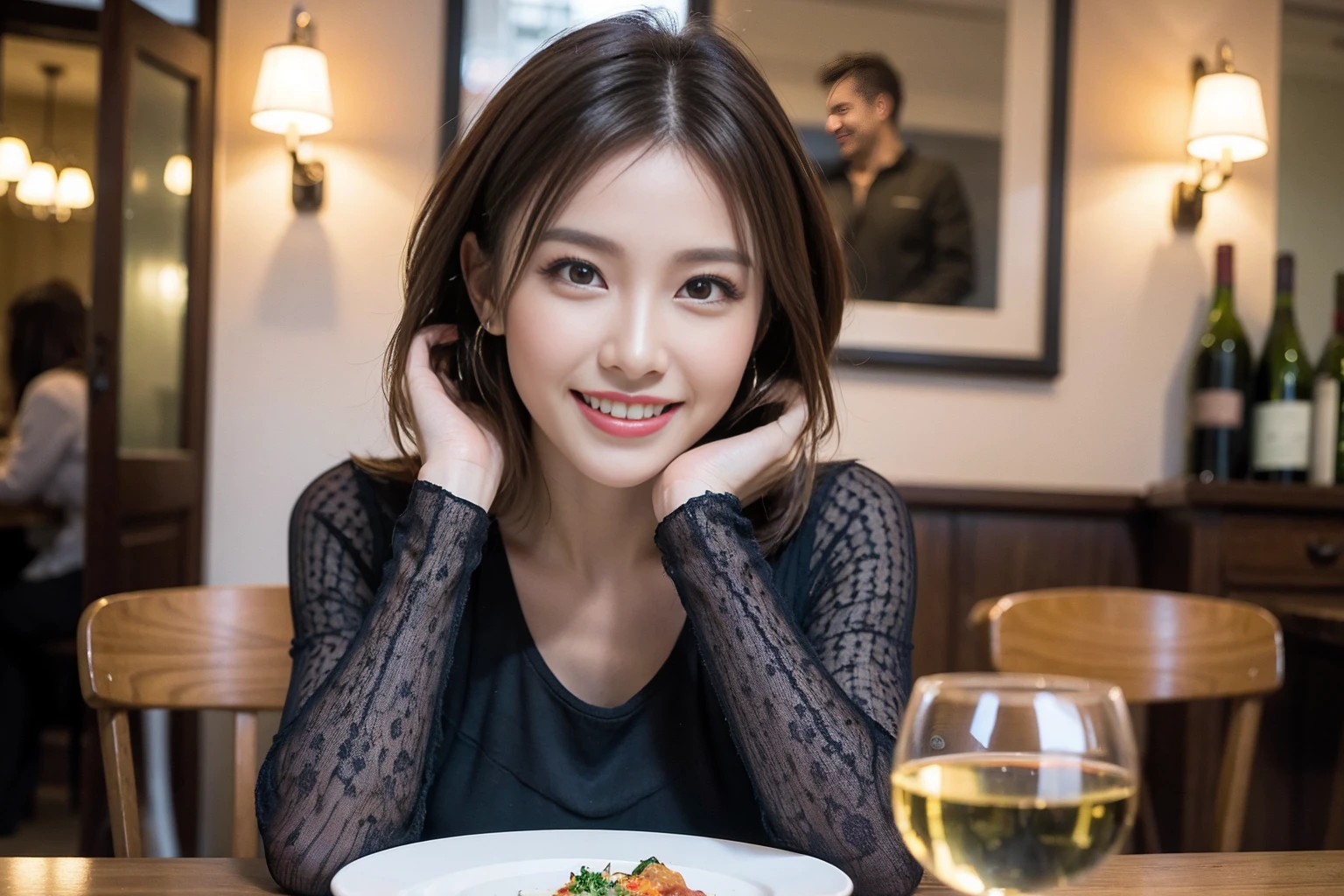 (Realistic:1.1),(masterpiece,Highest quality),8k,(49 years old), 53 years old, ベリーslimボディ、slimカップル、Tight waist,Upper Body,full-course dinner、wine 、Amazing view of the sunset sky and clouds、Perfect Anatomy, Brown Hair, short hair,Random Hairstyles,((Highly detailed face and eyes:1.2)),Perfect golden ratio face,Long sleeve shirt、dress,(smile:1.2)、Shortcuts、cute、(Realistic, Intricate details:1.2), A bright smile、short hair,Bright Face、赤wine 、Appetizers、Italian food、wine bottle、Champagne、スパークリングwine、(slimな顔), (The body is slim), (Brown Hair), (Shortcuts), Upper Body, 白wine, slim, wineグラス,