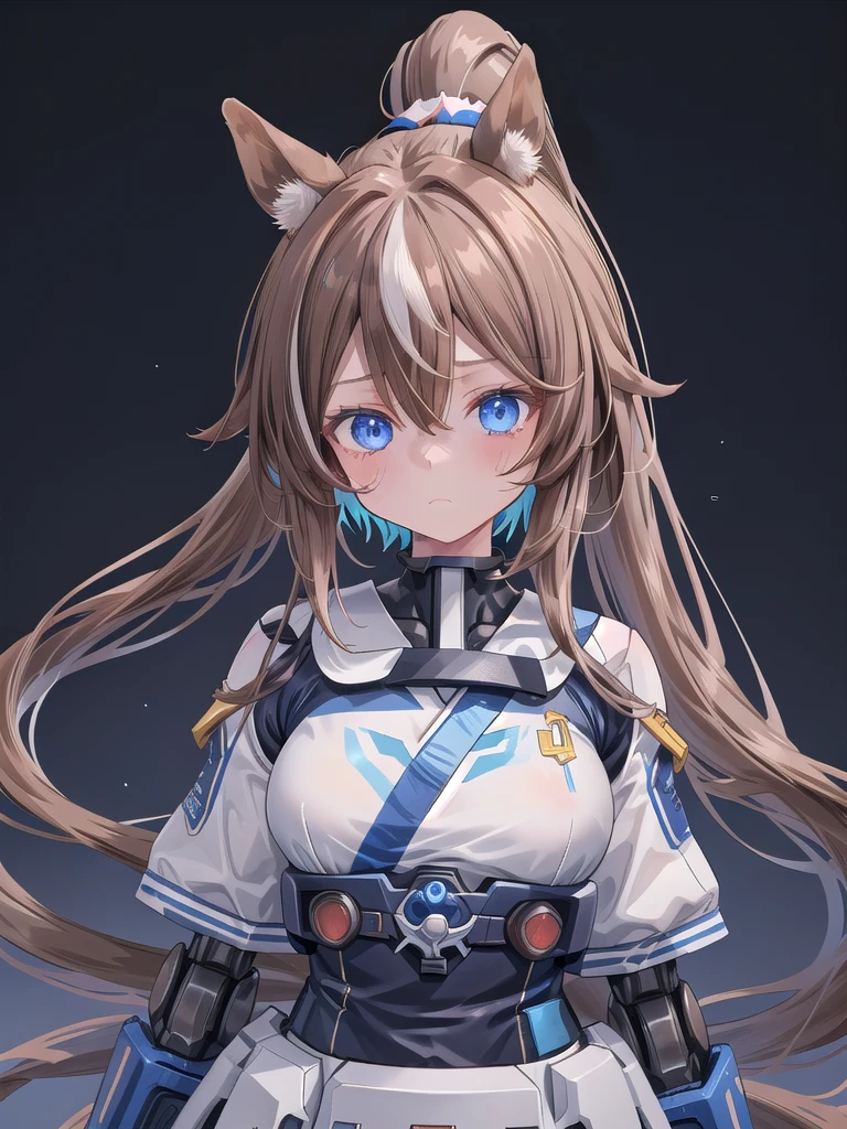 1girl,Tokai Teio, horse ears, horse girl, brown hair, long hair, high ponytail, streaked hair, multicolored hair, blue eyes, expressionless, mecha musume, upper body, 