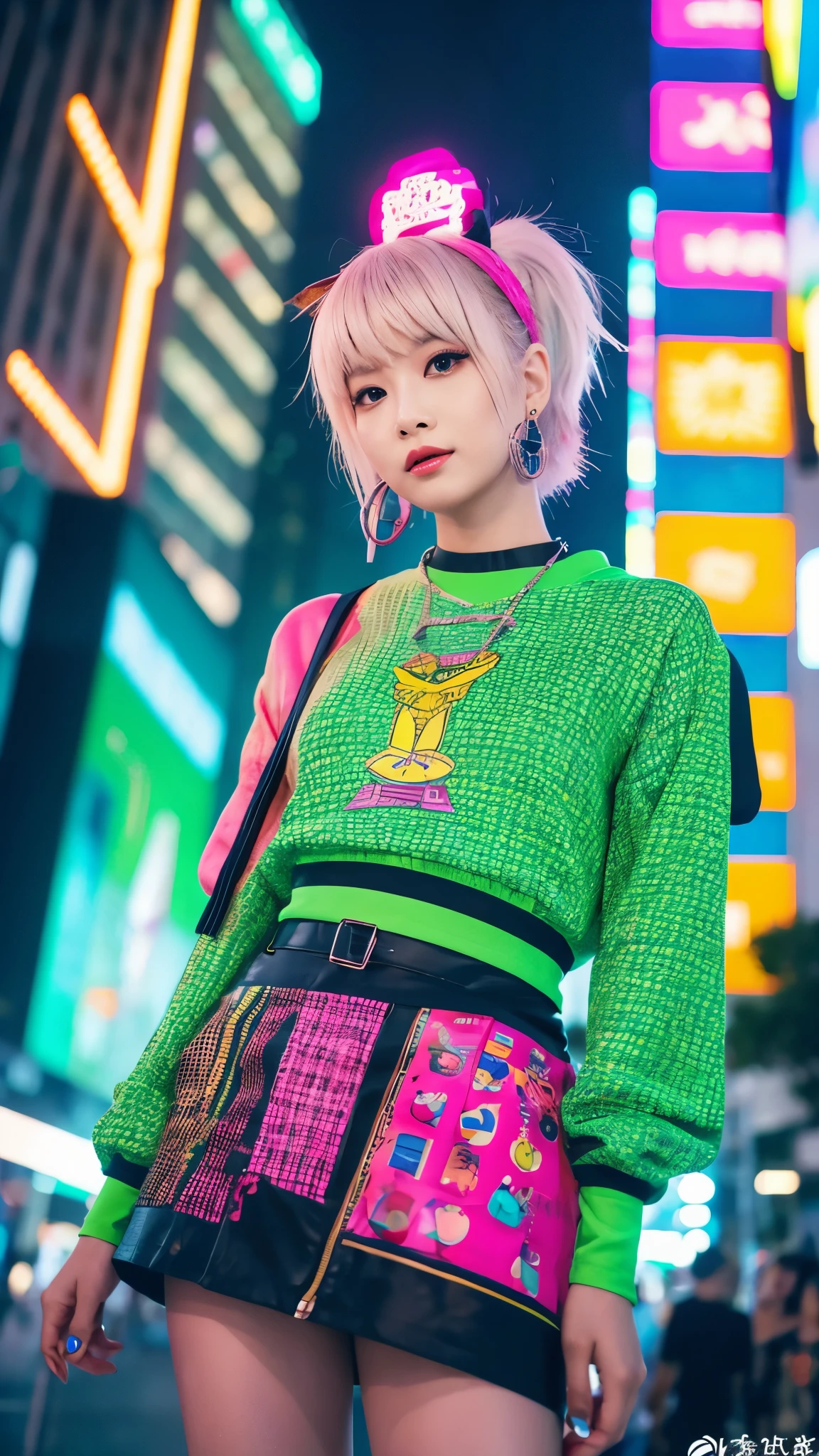 Masterpiece, Top quality, Wearing unique Harajuku style clothing, Mint green stands out, Bold colors and patterns, Eye-catching accessories, Trendy and innovative hairstyle, Bright makeup, Dazzling cyberpunk cityscape, Skyscrapers, Neon signs, LED lights, Bright and vibrant color scheme, Anime, Shape, Finely textured skin, High quality fabrics, Intricate details, Extremely detailed, Low angle, Full body, Vision (Look away: 1.4), Dynamic pose, Short hair,