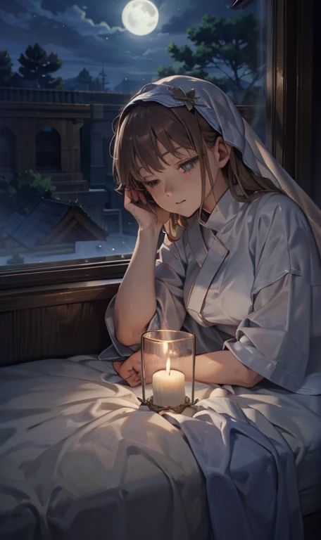 In a serene, A woman with short brown hair sleeping on a bed in her bedroom. Her Eyes, Quietly closed, 部屋のAn air of silence. outside, From a nearby window, Appearance。 (Night Moon), Painting the world with a gentle glow, Midnight Dawn. internal, The room is dimly lit, (Dim lighting) aura, Enveloped in the silence of the moonlight. This atmosphere, Accompany (Gentle night air), Quietly flowing around, Enveloping a woman wrapped in a cocoon of silence、Rest in peace、An air of silence