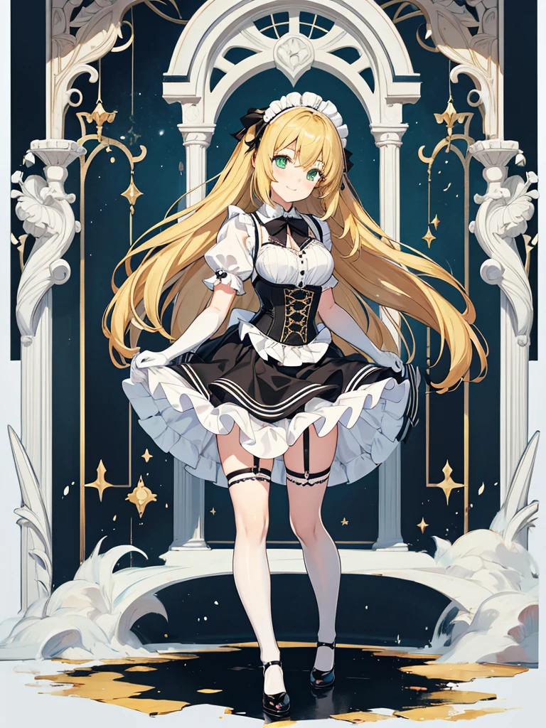masterpiece, best quality, extremely detailed, anime, 1girl solo girl, 15 year old woman, longhair, blonde, green eyes, french maid, latex, laced corset with black lacing, white underbust, white apron, frill, mini skirt, black layered skirt, white skirt, black garter belt, black stockings, high-heeled shoes, short sleeves, elbow gloves, white gloves, slender, small breast, slightly slimmer thighs, beautiful detailed face and eyes, fearless, smile, standing figure, full body, no background