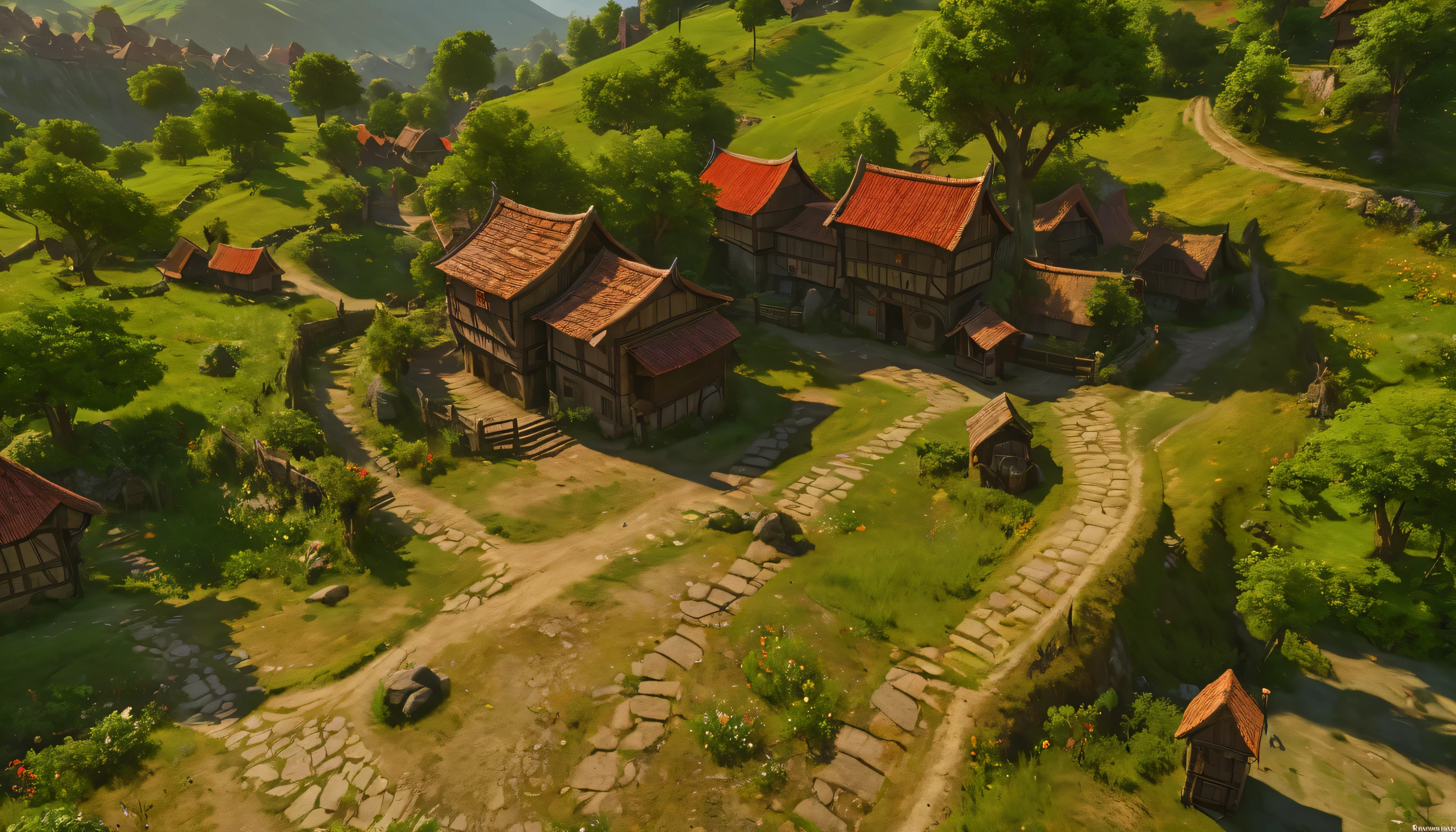 (anime, fantasy, medieval village), (best quality, highres, HDR:1.2), vibrant colors, arafed view of a small village with a red roof, villages, unreal engine, orc village, a small medieval village, green cyrodiil plains, dense, detailed landscape, top-down shot, immensely detailed scene, intricate