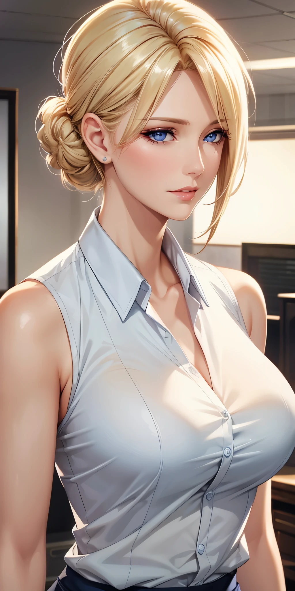 Elegant mature woman, blue eyes, blonde hair, soft light, 4k resolution, high quality, beautiful cg