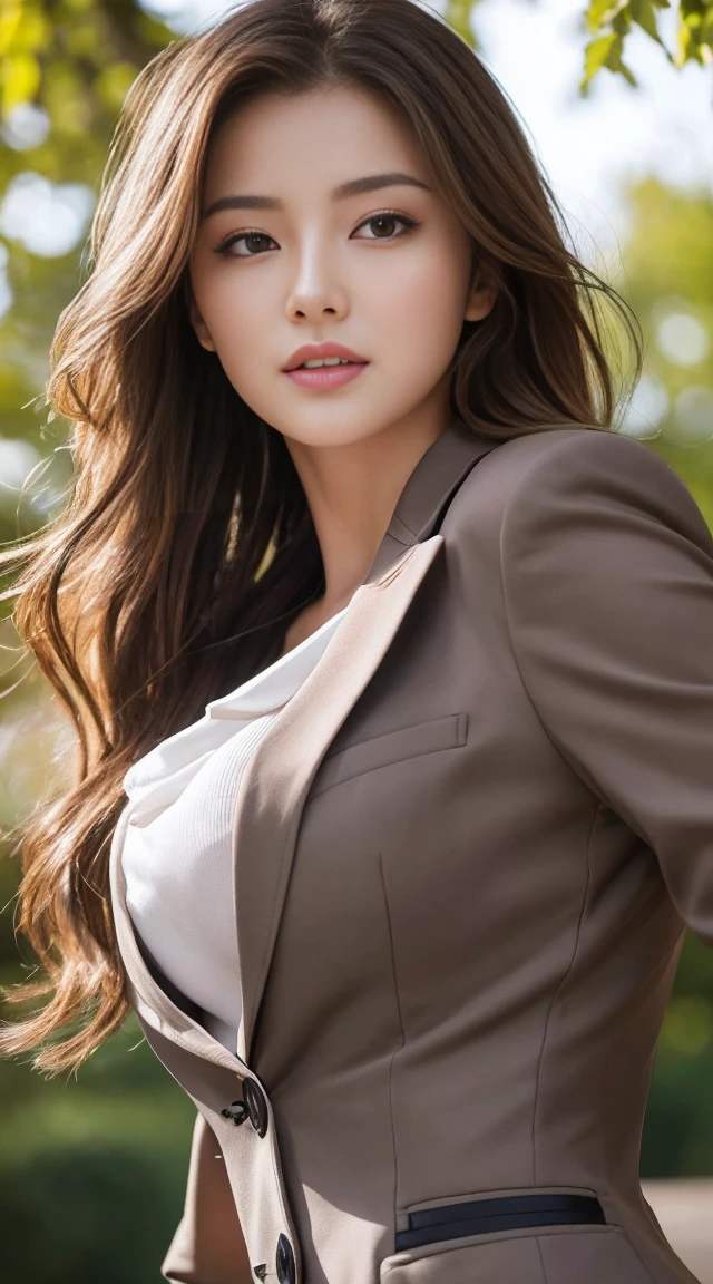 masterpiece, Highest quality, Realistic, Very detailed, Finer details, High resolution, 8k wallpaper, 1. Beautiful woman, Wear casual business attire, In the park where the morning sun shines, Early in the morning, Light brown messy hair, Perfect dynamic composition, Beautiful and exquisite Provocative pose Provocative look Sexy lips