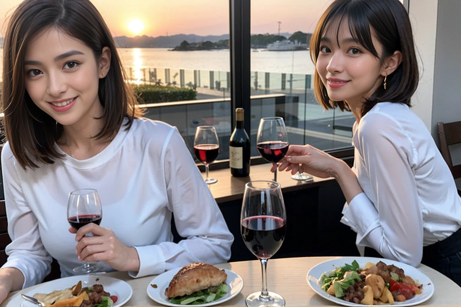 （Realistic:1.1）,(masterpiece,Highest quality)，8k,(56 years old), 53 years old, ベリーslimボディ、slimカップル、Tight waist,Upper Body,full-course dinner、wine 、Amazing view of the sunset sky and clouds、Perfect Anatomy, Brown Hair, short hair,Random Hairstyles,((Highly detailed face and eyes:1.2))，Perfect golden ratio face，Long sleeve shirt、dress,(smile:1.2)、Shortcuts、cute、(Realistic, Intricate details:1.2), A bright smile、short hair,Bright Face、赤wine 、Appetizers、Italian food、wine bottle、Champagne、スパークリングwine、(slimな顔), (The body is slim), (Brown Hair), (Shortcuts),  Upper Body, 白wine, slim, wineグラス, 