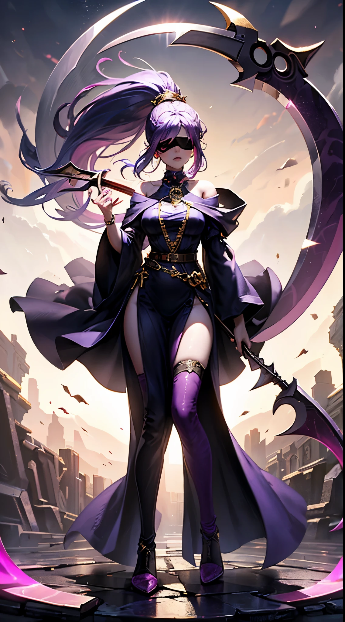 ((best quality)), ((masterpiece)), (detailed),full body anime picture of a masked mage , thunder , hooded , sleeveless strapless outfit , gown , french gown , mask , pantyhose , leotard , mage , holding lantern , completely purple clothing , hidden eyes