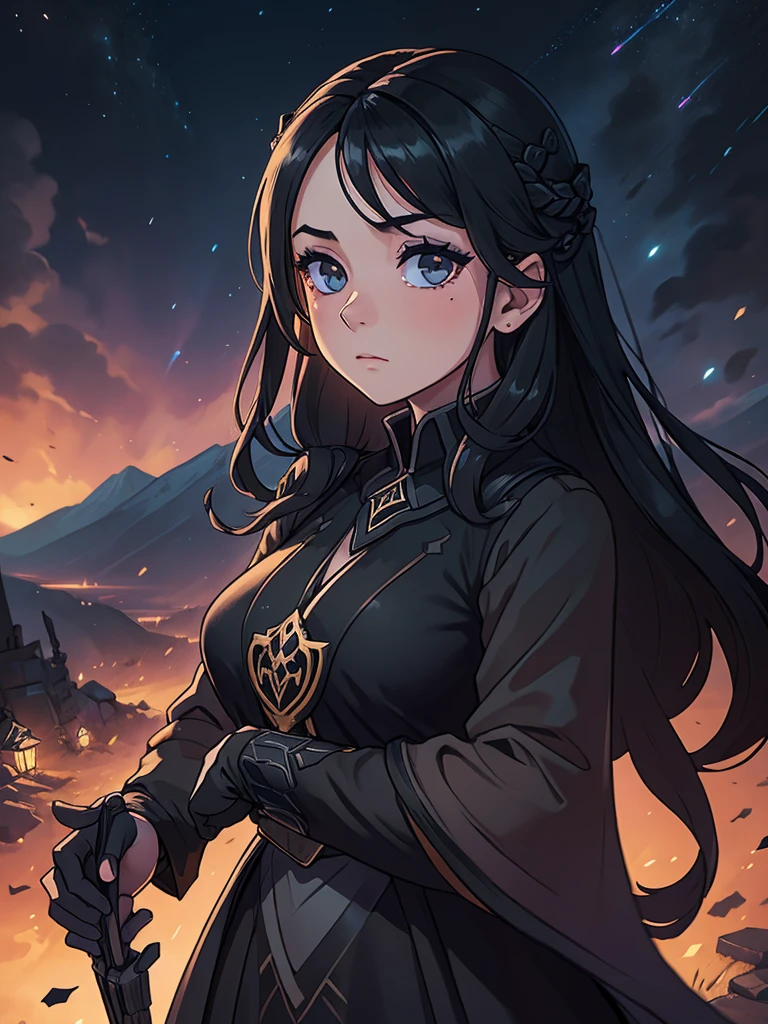 beautiful woman, black dress, сидит на краю skyскреба nightю, long hair in disarray, flirting, sad eyes, holding a photograph in your hands, ultra HD, realistic, night, a lot of night lights, sky, high detail, UHD drawing, perfect composition, beautiful detailed complex