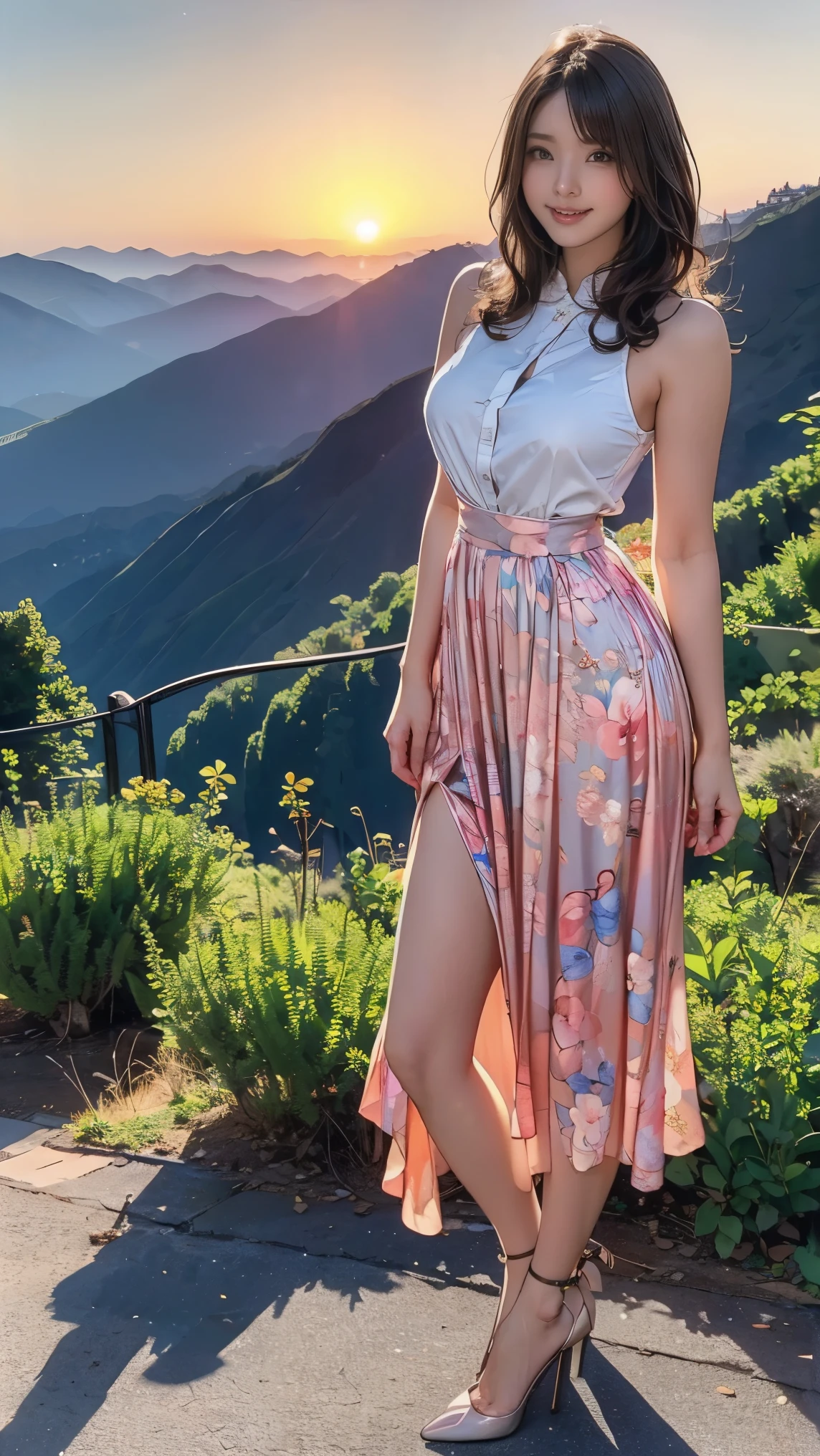((masterpiece)),(((Highest quality))),A low-angle shot that highlights beautiful thighs:1.5,Long legs,The best smile:1.5，Slim figure:1.5，whole body:1.5，(One Girl:1.3),(Viewer Display:1.4)，(Pointy high heels:1.3),(Standing with legs apart on top of a mountain in the setting sun:1.2),(Wear a long skirt dress with floral or plant patterns:1.2),Curly Hair:1.5，