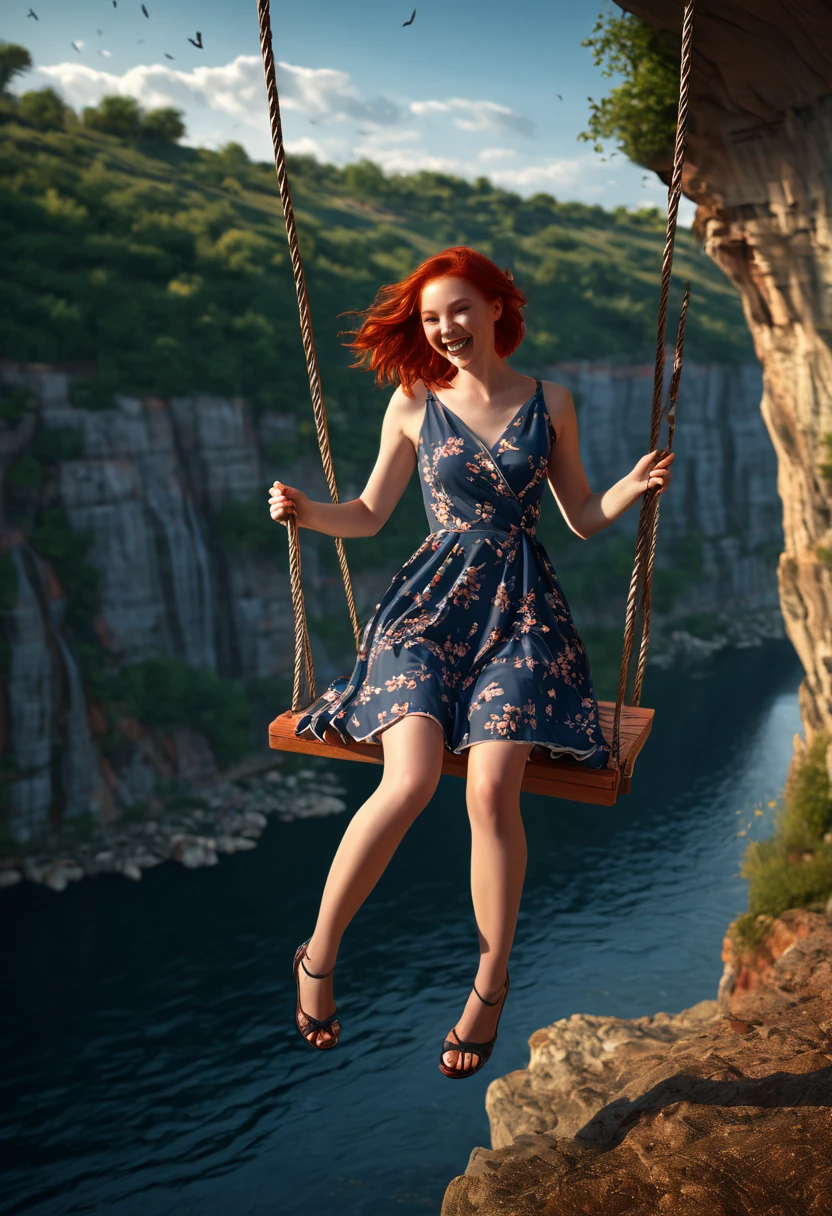 image of a beautiful girl, swinging on a swing over a river cliff, red hair fluttering in the wind, dress pulled up and beautiful legs bare, laughing, masterpiece, best quality, (extremely detailed CG unity 8k wallpaper), (best quality), (best illustration), (best shadow), realistic lighting, beautiful detailed glow, art by Peter Mohr Bacher,