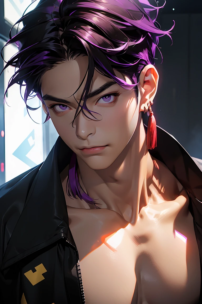 highest quality, 8K, high resolution image, anime style Jujutsu Kaisen, (Iori_suiseki), detailed strokes, bored look , blurred, purple light reflecting from it, 1 man, young, male, model, hand in pocket, cool guy, multicolored Background with various geometric shapes, around stickers, muscular,Black hair, purple eyes, multicolored hair, purple hair, hair between eyes, highlighted hair ,swollen chest,  black Jacket, sweatpants, Background: big City, he's in a sports station, there are sports fans everywhere, ((upper body))