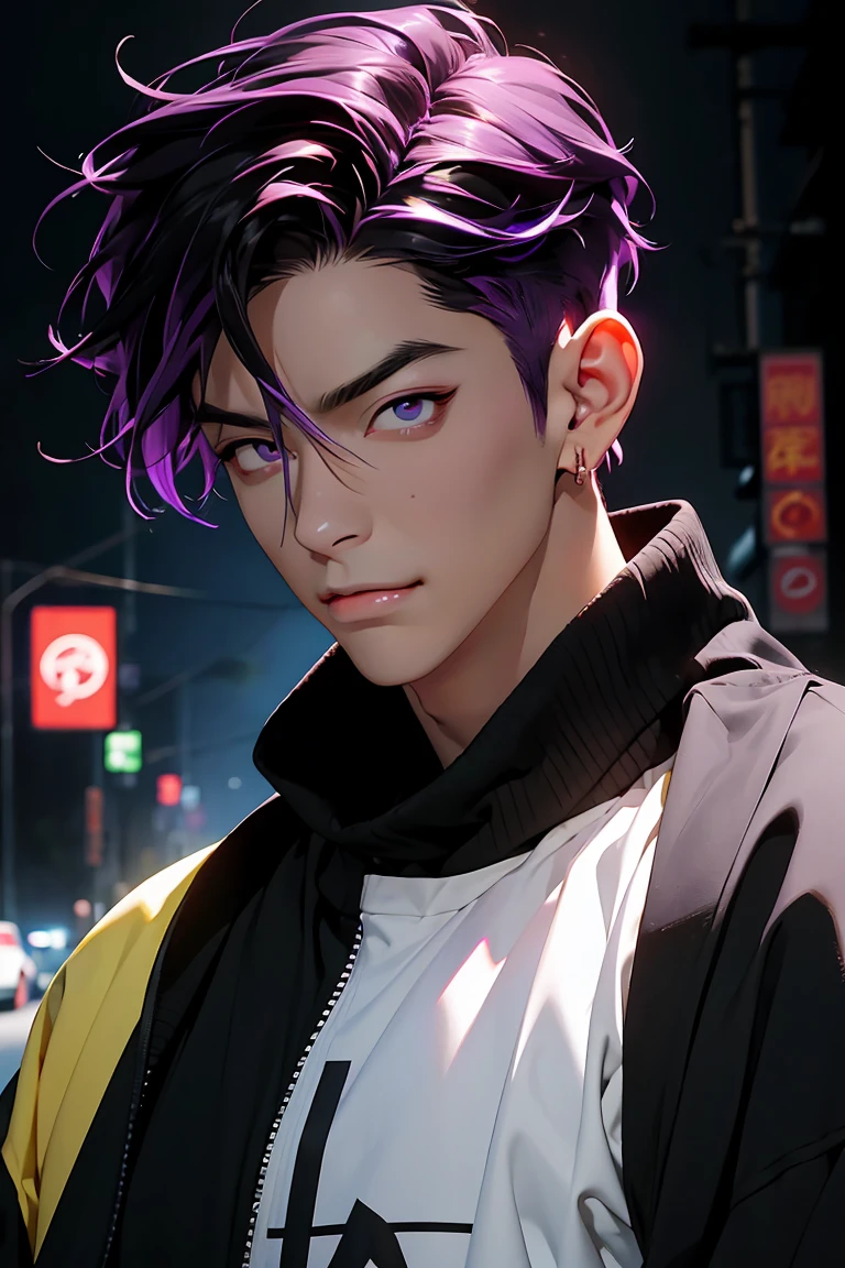 highest quality, 8K, high resolution image, anime style Jujutsu Kaisen, (Iori_suiseki), detailed strokes, bored look , blurred, purple light reflecting from it, 1 man, young, male, model, hand in pocket, cool guy, multicolored Background with various geometric shapes, around stickers, muscular,Black hair, purple eyes, multicolored hair, purple hair, hair between eyes, highlighted hair ,swollen chest,  black Jacket, sweatpants, Background: big City, he's in a sports station, there are sports fans everywhere, ((upper body))