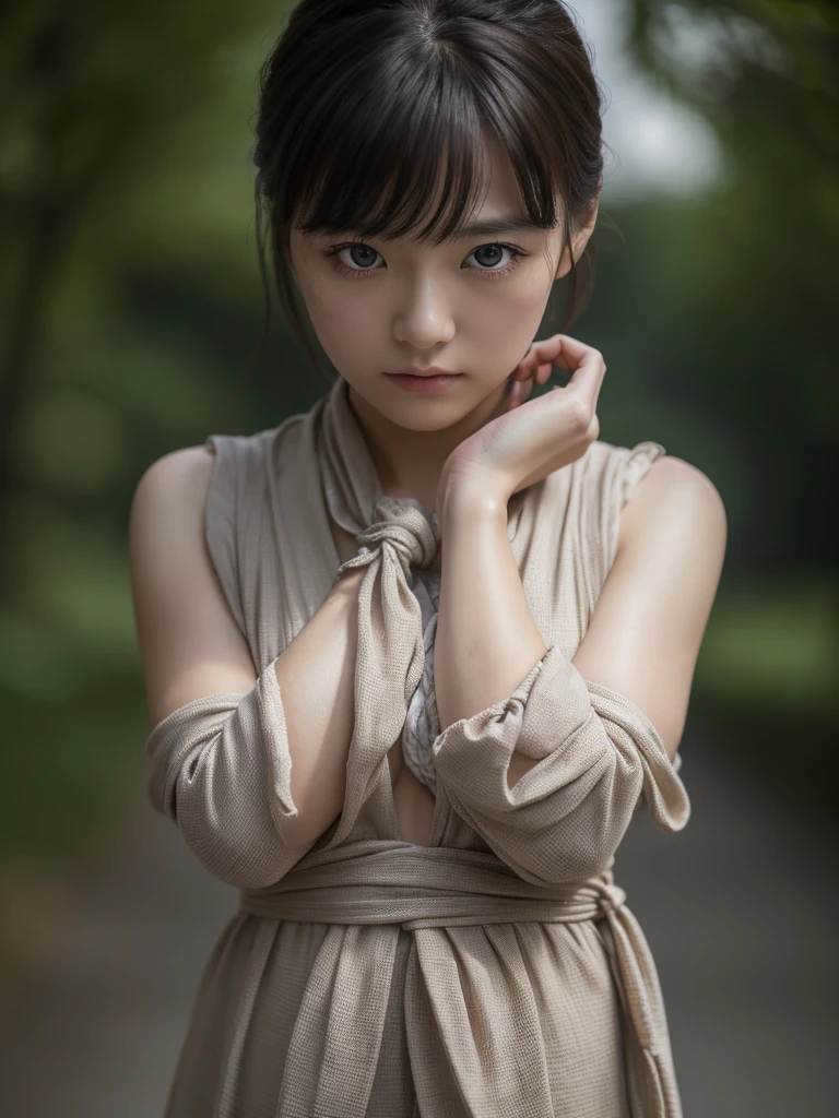 8k, Raw photo, Highest quality, masterpiece:1.2), masterpiece, Highest quality, figure, Very detailed, Fine details, High resolution, 8k,wallpaper, Perfect dynamic composition,(Detailed high quality, Realistic depiction of eyes:1.3)、A woman who has been kidnapped and has her hands tied、Arms wrapped around his back, hands tie behind back, I'm on top of a hill with a spectacular view of an old castle in the distance.、Sitting on a bench、((( With legs apart、Her white panties are visible between her skirt and legs.)))、(((Short sleeve blouse、mini skirt)))、whole body、The whole thing faces forward、21 years old、I am a TV personality.、Beauty、Well-formed face、Make your eyes even、Beautiful black hair、Has bangs、Small face、Well-balanced proportions、Beautiful legs、Fresh face、Beautiful scenery、(((Viewers gaze forward)))、