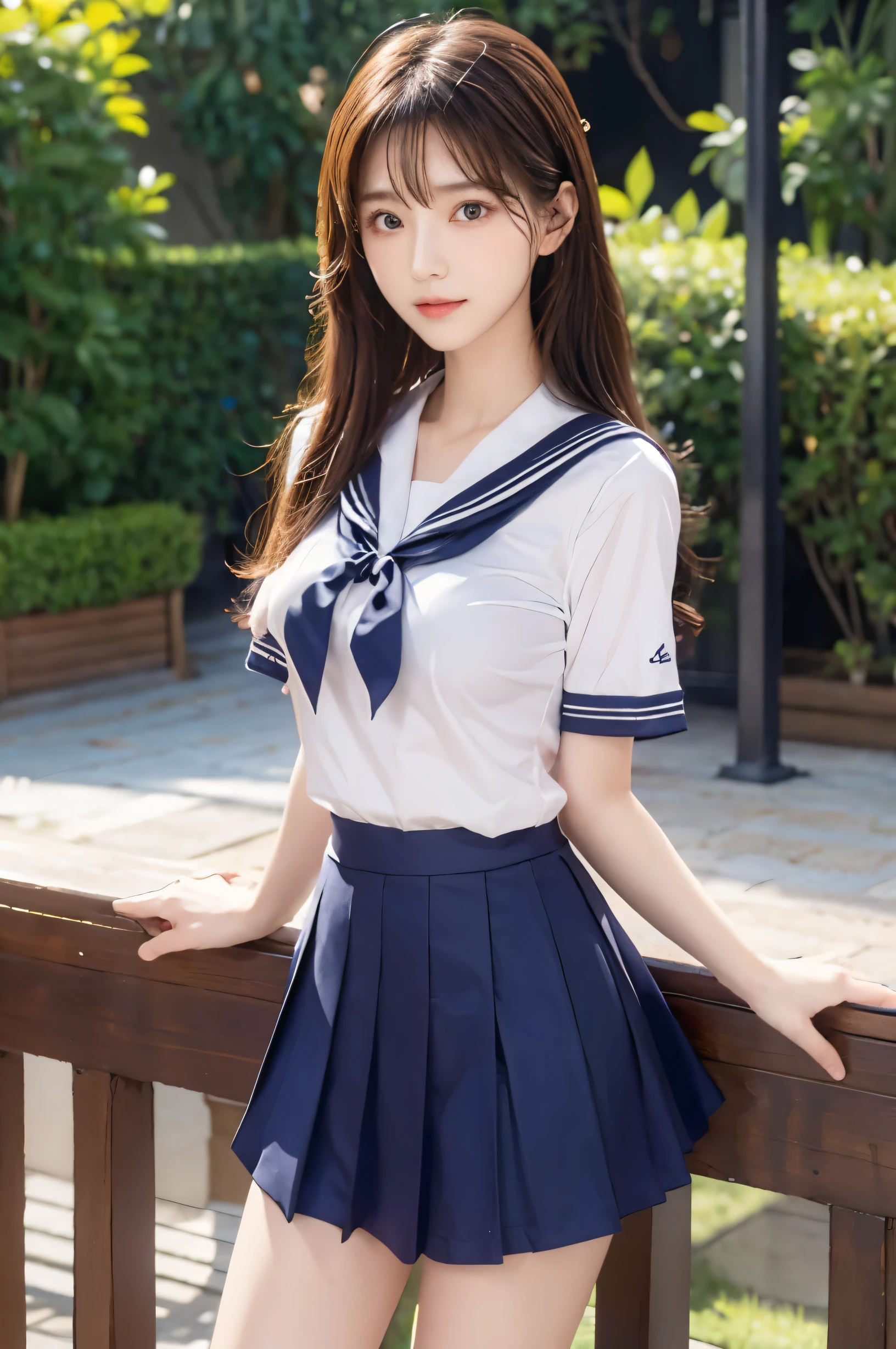 (Ultra HD), (Short-sleeved sailor uniform, Navy blue mini skirt), Big Breasts, slender, whole body, Standing posture, (Clean and shiny skin, Whitening, No makeup), (Super slim face, Super beautiful face), (semi-long, Layered Cut, Fluffy hair), (double eyelid, Slanted Eyes), Small Nose, Thin lips, Thin legs, school gate