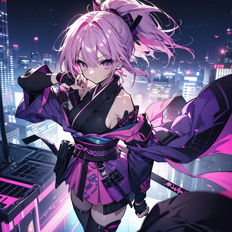 1 girl、Mature、Ample breasts、Purple Eyes、Pink Hair、Long Hair、ponytail、Ninja、Armament、kimono、Shoulder Bare、Miniskirt、Arm Covers、Pointed handbag、I don't want、Ninja、knife、Battle Scenes、cool、Downtown、Night view、Rooftop