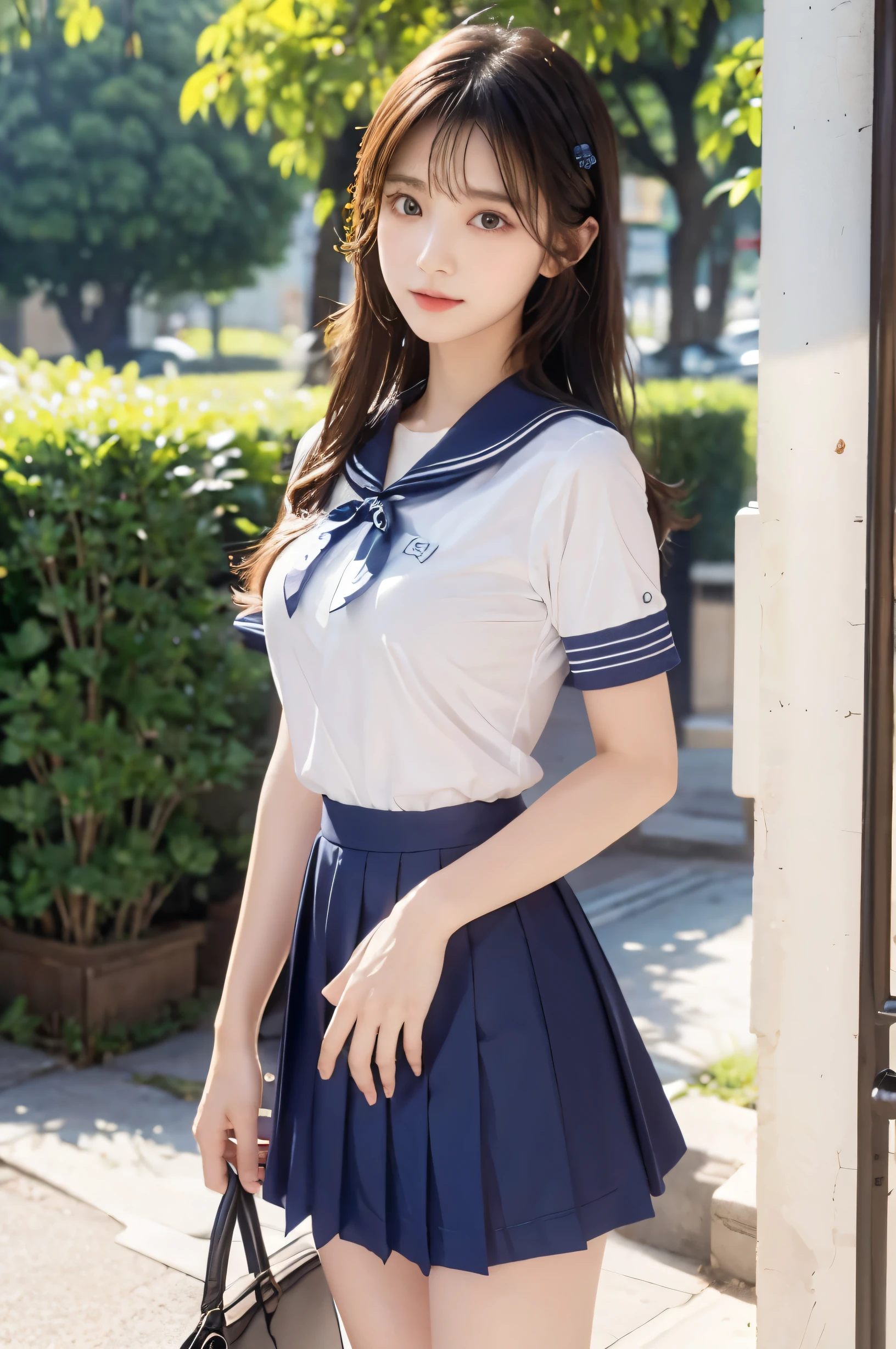 (Ultra HD), (Short-sleeved sailor uniform, Navy blue mini skirt), Big Breasts, slender, whole body, Standing posture, (Clean and shiny skin, Whitening, No makeup), (Super slim face, Super beautiful face), (semi-long, Layered Cut, Fluffy hair), (double eyelid, Slanted Eyes), Small Nose, Thin lips, Thin legs, school gate