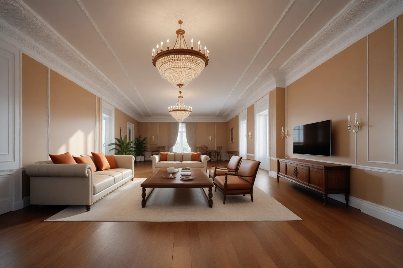 RAW photo, masterpiece, a view of a ( Living room :1.3) with a couch, chairs, and a chandelier, highly detailed interior, neo - classical style, neoclassical style, neoclassicism style, interior architect architectural visualization, neoclassical style, in style of classicism, white light sun, rendered in vray, rendered in v-ray, rendered in unreal engine 3d, (photorealistic:1.2), (photorealistic:1.5), best quality, ultra high res, architechture, (leather sofa detail:1.5), neoclassic house, (detailed railing neoclassic:1.5), luxury neoclassical villa, (mable floor details:1.5), (detailed neoclassical carpet:1.5), in the style of neoclassical scene, glass windows, best quality, (Intricate lines:1.5), ((Photorealism:1.5)),(((hyper detail:1.5))), archdaily, award winning design, (dynamic light:1.3), (day light:1.2), (perfect light:1.3), (shimering light :1.4),  refection glass windows, (curved line architecture arch:1.2), photorealistic, FKAA, TXAA, RTX, SSAO, Post Processing, Post-Production, CGI, VFX, SFX, Full color,((Unreal Engine 5)), Canon EOS R5 Camera + Lens RF 45MP full-frame CMOS sensor, HDR, Realistic, Cinematic intricate detail, extreme detail, science, hyper-detail, FKAA, super detail, super realistic, crazy detail, intricate detail, nice color grading, reflected light on glass, eye-catching wall lights, unreal engine 5, octane render, cinematic, trending on artstation, High-fidelity, Viwvid, Crisp, Sharp, Bright, Stunning, ((Lifelike)), Natural, ((Eye-catching)), Illuminating, Flawless, High-quality,Sharp edge rendering, medium soft lighting, photographic render, detailed archviz, ((( Pachyloba, Doussie, Afzelia wooden : 1.7 ))), ((( beige organge Tone : 1.3 )))