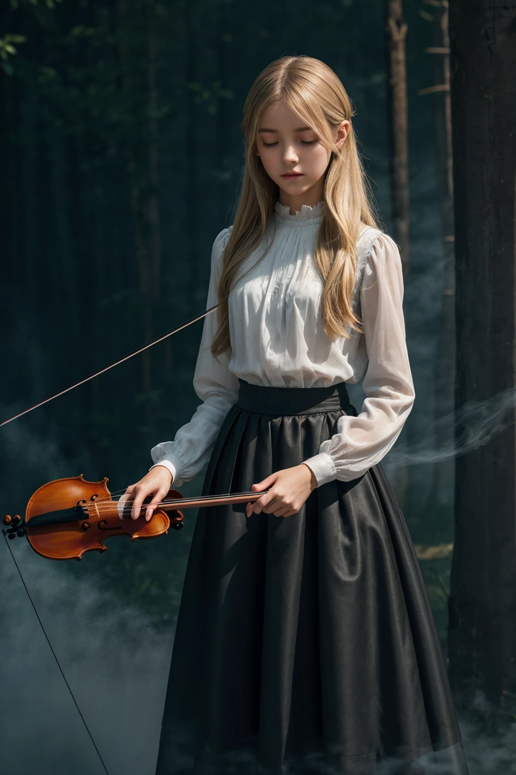 best quality,masterpiece,ultra detailed,Add layer,detailed eyes,slim,skinny,slim legs,small hips,1 girl,
,Horror,slim breast,spectral apparitions,Sea of night,
((playing violin)),(shutting eyes),
(hair over one eye),crossed bangs,long hair,Ash blonde,wavy hair,shiny hair,silky hair,((extra long sideburns)),
emotionless,
black,peasant dress,((long skirt)),pantyhose,
standing,Full body,contrapposto,
(Mist:1.5),low brightness,dark lighting,