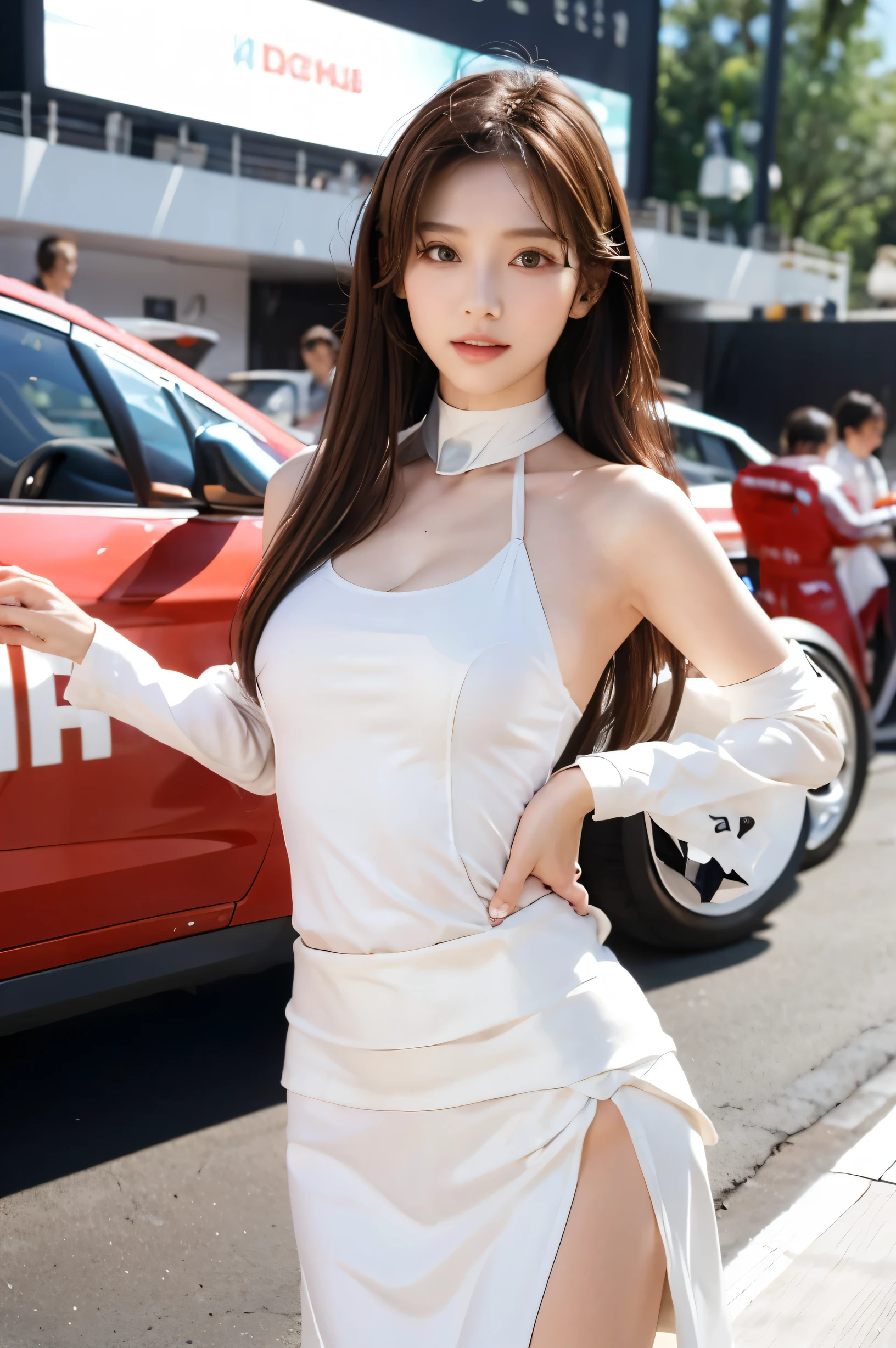 (Ultra HD), (Race Queen:1.8), Big Breasts, slender, Narrow waist, whole body, Standing posture, (Clean and shiny skin, Whitening, No makeup), (Super slim face, Super beautiful face), (semi-long,Layered Cut, Fluffy hair), (double eyelid, Slanted Eyes), Small Nose, Thin lips, Thin legs, Racing Circuit