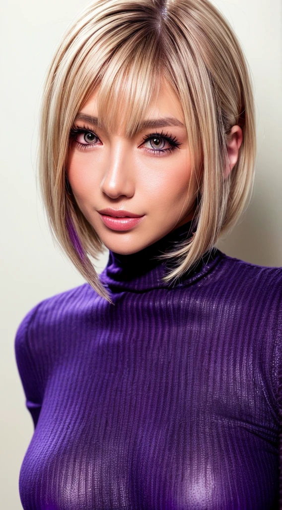 1 girl, solo, japanese, best quality, ultra high res, raw photo, (photorealistic:1.4), masterpiece, detailed face, detailed eyes, detailed skin, (purple turtleneck tee:1.2), (gigantic breasts:1.1), platinum blonde hair, bob cut, (blunt bangs:1.1), smile, looking at viewer, front view, against white wall, simple background,