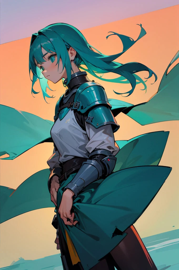 Young adult, Female, Teal hair, Town Background, Knight