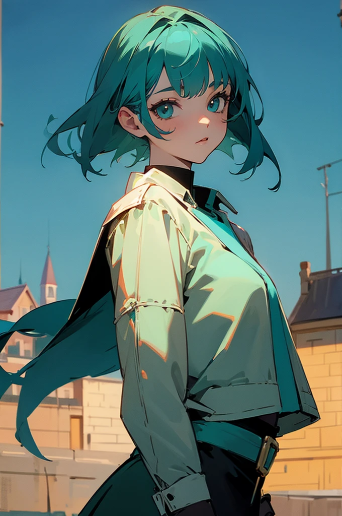 Young adult, Female, Teal hair, Town Background, Knight