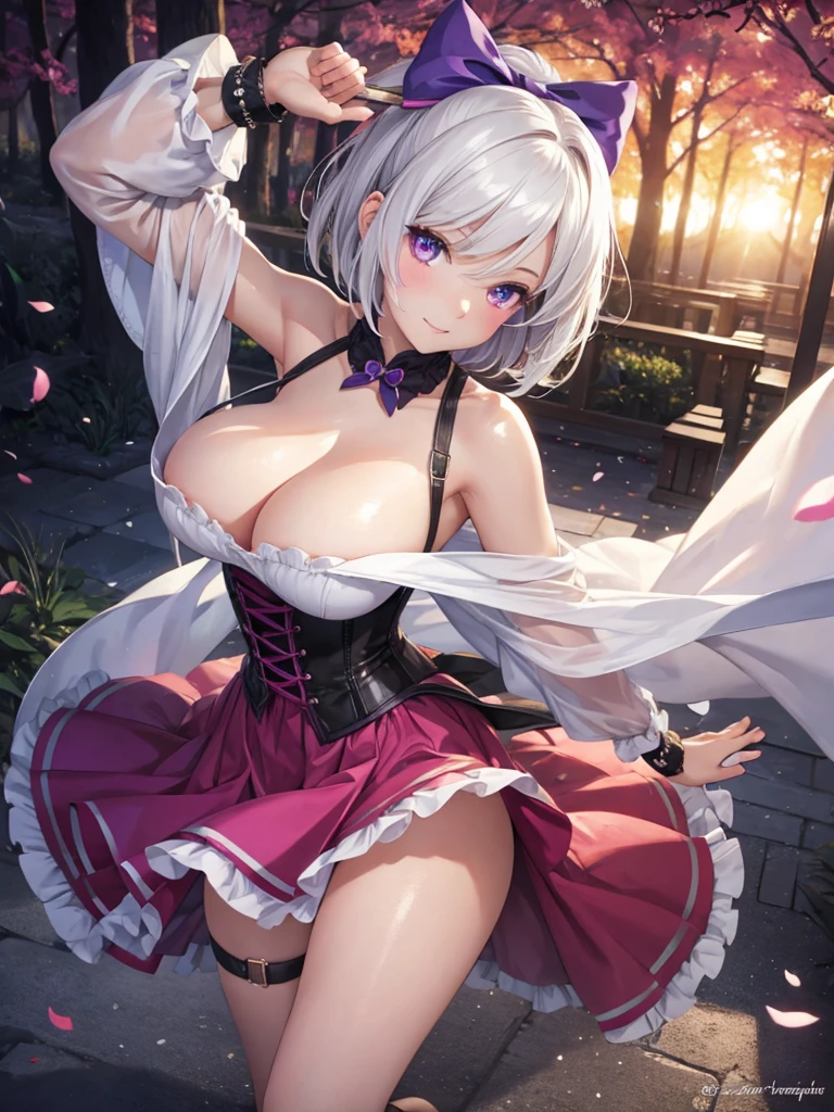 (Absurd Resolution:1.2), (ultra delicate:1.2), (masterpiece:1.2), (Photorealistic), (top-quality), BREAK (cute Wizard 1girl), (16 years old), (finely detailed eyes and finely detailed face:1.2), BREAK (ultra-fine-magenta-cute-eyes:1.2), (Expression ultra detailed Glitter Pupil), (ultra detailed Expression eyelashes), BREAK (ultra-delicate-bob-cut-white-hair, parted bangs, hair-bow), (beautiful Glossy lips), BREAK (slim body and gigantic breasts:1.0), narrow waist, leggy, curvy is body without muscles, BREAK (glossy realistic skin texture:1.2), (sweaty skin:0.5), precise anatomy, (4 defined fingers), (1 defined thumb), Fearless smile, BREAK purple-skirt, black-corset-dress, Off-Shoulder, gloves ,Short-cloak, thigh-high-socks, BREAK Seductive pose, (Crisp focus, eye focus:1.2), (full body shot, shoot from front, high angle shot), Fantastic magical forest, evening, Sunset, Sparkling light particles dance, professional lighting, atmospheric,