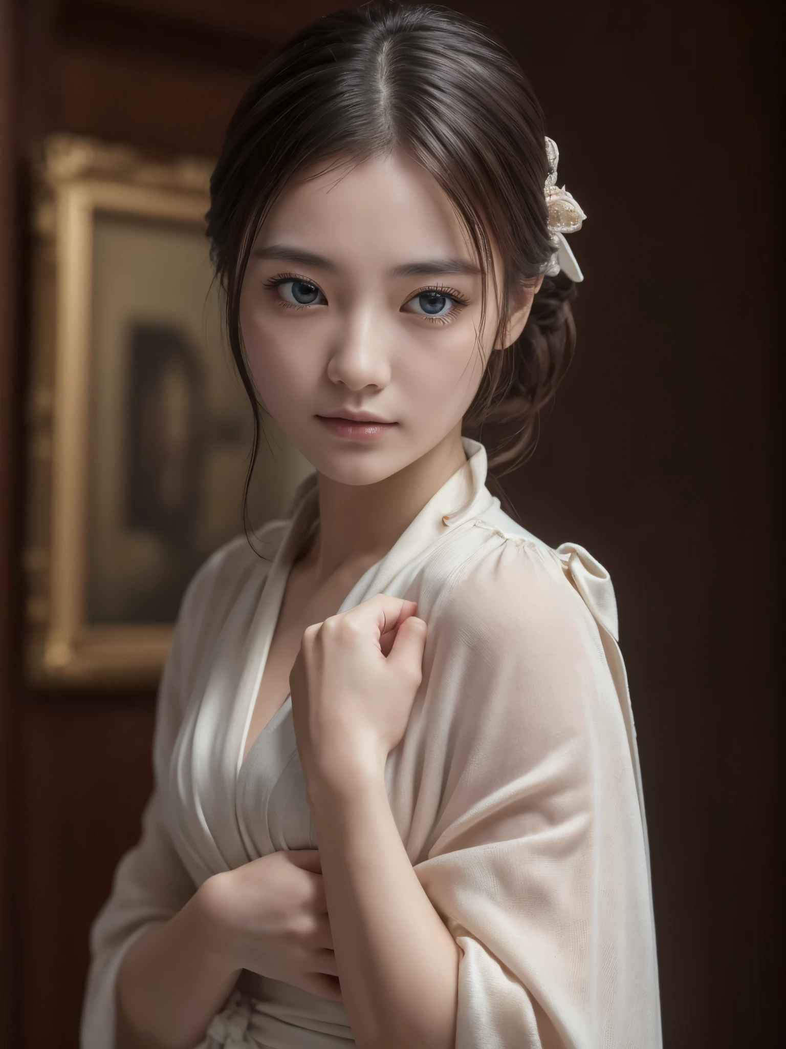 8k, Raw photo, Highest quality, masterpiece:1.2), masterpiece, Highest quality, figure, Very detailed, Fine details, High resolution, 8k,wallpaper, Perfect dynamic composition,(Detailed high quality, Realistic depiction of eyes:1.3)、A woman who has been  and has her hands tied、Arms wrapped around his back, hands tie behind bacｋ, I&#39;m on top of a hill with a spectacular view of an old castle in the distance.、Sitting on a bench、((( With legs apart、Her white panties are visible between her skirt and legs.)))、(((Short sleeve blouse、mini skirt)))、whole body、The whole thing faces forward、21 years old、I am a TV personality.、Beauty、Well-formed face、Make your eyes even、Beautiful black hair、Has bangs、Small face、Well-balanced proportions、Beautiful legs、Fresh face、Beautiful scenery、(((Viewers gaze forward)))、
