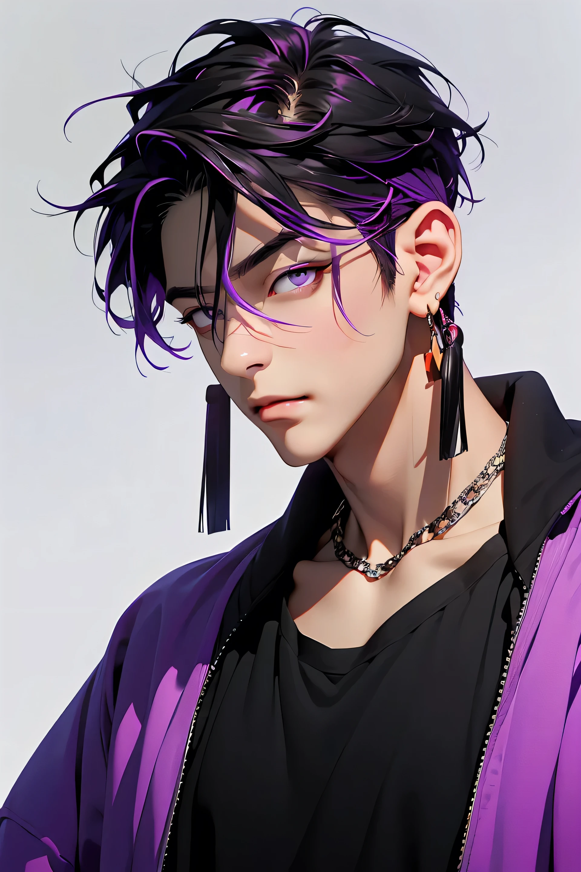 highest quality, 8K, high resolution image, anime style Jujutsu Kaisen, (Iori_suiseki), detailed strokes, bored look , blurred, purple light reflecting from it, 1 man, young, male, model, hand in pocket, cool guy, multicolored Background with various geometric shapes, around stickers, muscular,Black hair, purple eyes, multicolored hair, purple hair, hair between eyes, highlighted hair ,swollen chest,  black Jacket, sweatpants, Background: big City, he's in a sports station, there are sports fans everywhere, ((upper body))