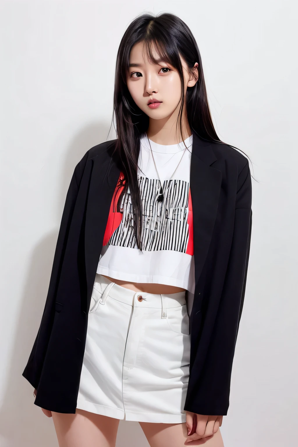 "Create a K-pop girl group member named Miyuki. She is a 23-year-old Japanese with a modern and charismatic presence. Design her with a trendy outfit that highlights her role as a secondary rapper and media face. Her pose should be dynamic and engaging, reflecting her media appeal. The background should feature geometric patterns in black and red with a gradient effect. Add details like age, height (162 cm), weight (45 kg), and interests such as fashion and photography."