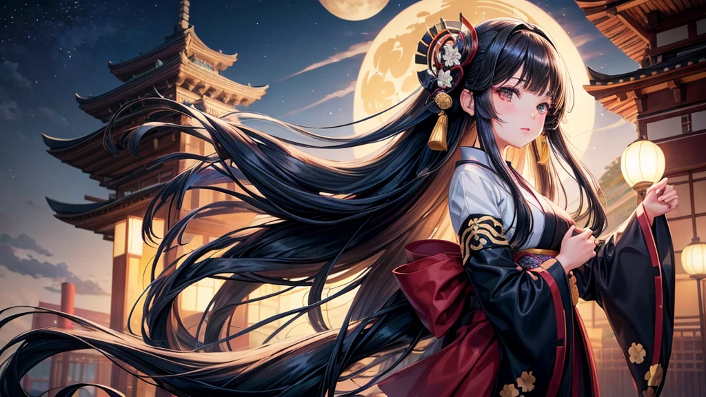 One girl, Long black hair, Brown eyes, Wearing a beautiful Japanese kimono, Mount Horai Kaguya,hair ornaments, hair 花, Wide sleeves, Iris, bamboo, View your viewers, night, star (null), Ruffle sleeves, null, night null,night,High resolution, Super sharp, 8k, masterpiece