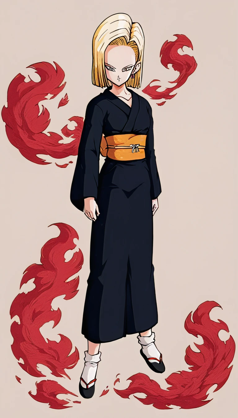 kimono,long kimono,all black kimono:1.3,simple black obi:1.3,white tabi,android18