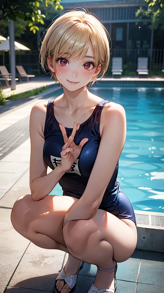 (masterpiece:1.2, Highest quality), (Realistic, photoRealistic:1.4), Beautiful illustrations, (Natural Side Lighting, Cinema Lighting),
View your viewers, Upper Body, (Front view), 1 girl, Japanese, high school girl, Perfect Face, Cute and symmetrical face, Glowing Skin, Baby Face,
(short hair:1.5, Pixie Cut:1.4, Blonde), Pin your bangs back, Red eyes, Long eyelashes, (Large Breasts:0.6),
Beautiful Hair, Beautiful Face, Beautiful attention to detail, Beautiful clavicle, Beautiful body, Beautiful breasts, Beautiful thighs, Beautiful feet, Beautiful fingers,
(School Swimsuit),
(Beautiful views), evening, Squatting in the pool, (Cute smile, Upward glance),