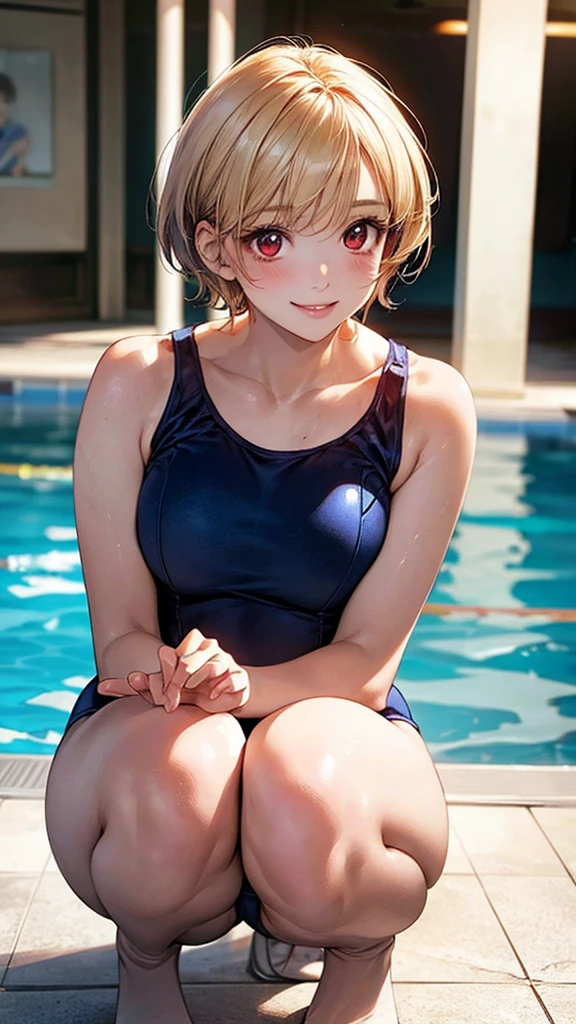 (masterpiece:1.2, Highest quality), (Realistic, photoRealistic:1.4), Beautiful illustrations, (Natural Side Lighting, Cinema Lighting),
View your viewers, Upper Body, (Front view), 1 girl, Japanese, high school girl, Perfect Face, Cute and symmetrical face, Glowing Skin, Baby Face,
(short hair:1.5, Pixie Cut:1.4, Blonde), Pin your bangs back, Red eyes, Long eyelashes, (Large Breasts:0.6),
Beautiful Hair, Beautiful Face, Beautiful attention to detail, Beautiful clavicle, Beautiful body, Beautiful breasts, Beautiful thighs, Beautiful feet, Beautiful fingers,
(School Swimsuit),
(Beautiful views), evening, Squatting in the pool, (Cute smile, Upward glance),