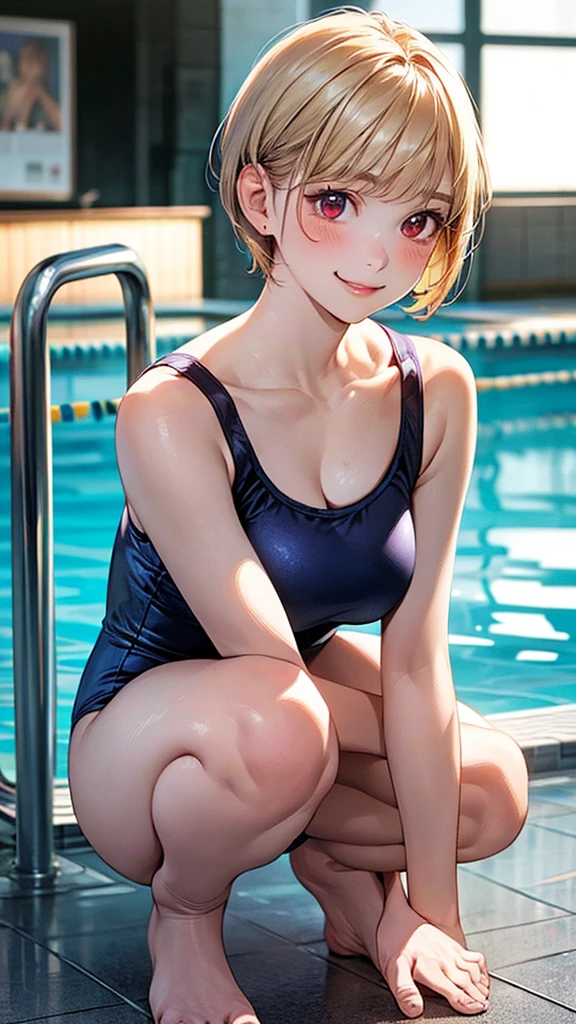 (masterpiece:1.2, Highest quality), (Realistic, photoRealistic:1.4), Beautiful illustrations, (Natural Side Lighting, Cinema Lighting), 
View your viewers, Upper Body, (Front view), 1 girl, Japanese, high school girl, Perfect Face, Cute and symmetrical face, Glowing Skin, Baby Face, 
(short hair:1.5, Pixie Cut:1.4, Blonde), Pin your bangs back, Red eyes, Long eyelashes, (Large Breasts:0.6), 
Beautiful Hair, Beautiful Face, Beautiful attention to detail, Beautiful clavicle, Beautiful body, Beautiful breasts, Beautiful thighs, Beautiful feet, Beautiful fingers, 
(School Swimsuit), 
(Beautiful views), evening, Squatting in the pool, (Cute smile, Upward glance), 