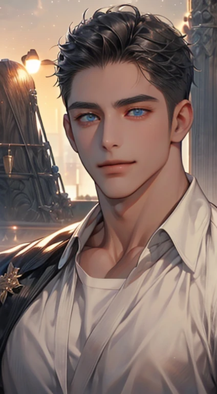(best quality,4k,8k,highres,masterpiece:1.2),ultra-detailed,(realistic,photorealistic,photo-realistic:1.37),1 man,31 years old,mature man,very handsome,without expression,smile,short grey black hair,blue eyes,penetrating gaze,perfect face without errors,imposing posture,businessman,office background,cinematic lighting,hdr image