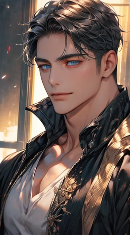 (best quality,4k,8k,highres,masterpiece:1.2),ultra-detailed,(realistic,photorealistic,photo-realistic:1.37),1 man,31 years old,mature man,very handsome,without expression,smile,short grey black hair,blue eyes,penetrating gaze,perfect face without errors,imposing posture,businessman,office background,cinematic lighting,hdr image