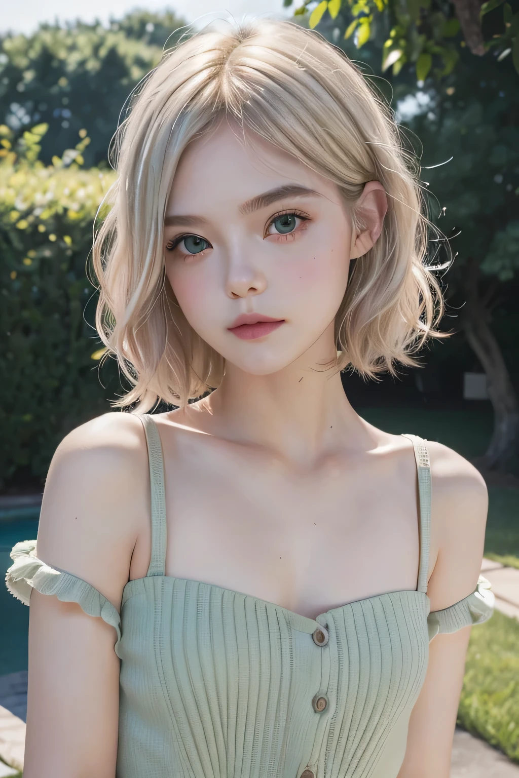 1 girl, solo, cute, looking at viewer, beautiful body, blush, (silver blonde short wavy hair), (small breast), (green eyes), very life-like eyes, stylish casual outfit, beautiful environment, highly detailed, masterpiece, best quality, highest quality, high resolution, (masterpiece:1.2), realistic lighting, incredible lighting